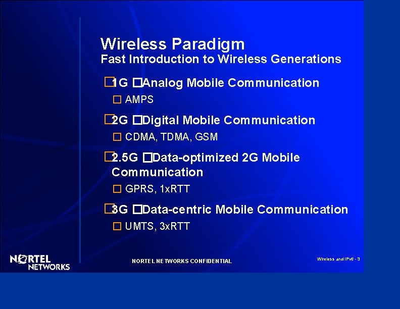 Wireless Paradigm Fast Introduction to Wireless Generations � 1 G �Analog Mobile Communication �