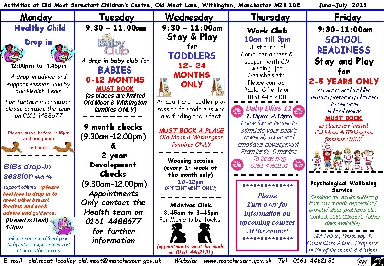 Activities at Old Moat Surestart Children’s Centre, Old Moat Lane, Withington, Manchester M 20