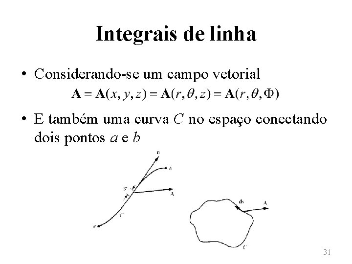 Integrais de linha • Considerando-se um campo vetorial • E também uma curva C