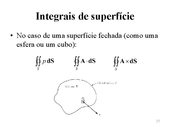 Integrais de superfície • No caso de uma superfície fechada (como uma esfera ou