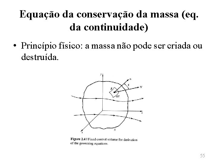Equação da conservação da massa (eq. da continuidade) • Princípio físico: a massa não