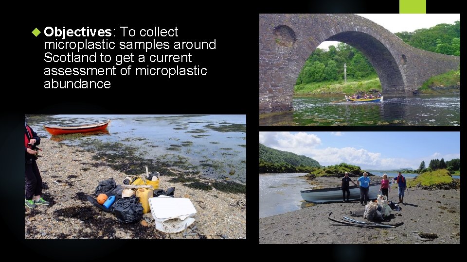  Objectives: To collect microplastic samples around Scotland to get a current assessment of