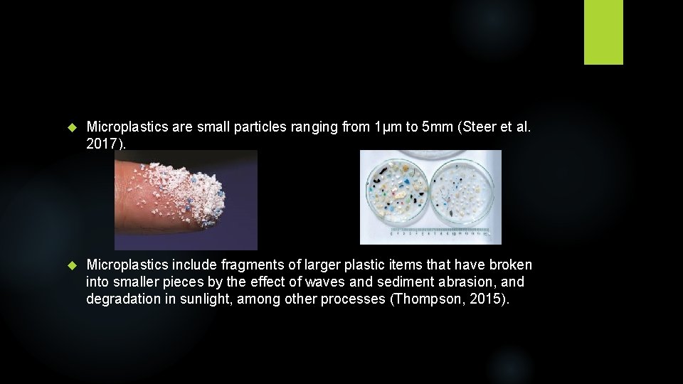  Microplastics are small particles ranging from 1µm to 5 mm (Steer et al.