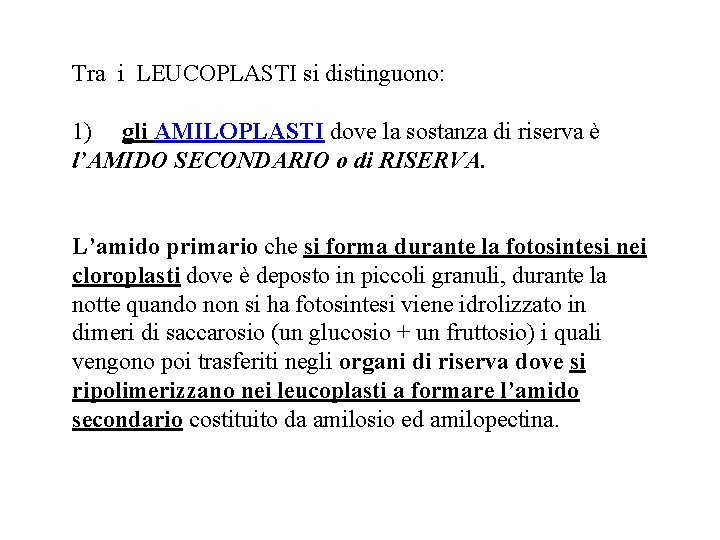 Tra i LEUCOPLASTI si distinguono: 1) gli AMILOPLASTI dove la sostanza di riserva è