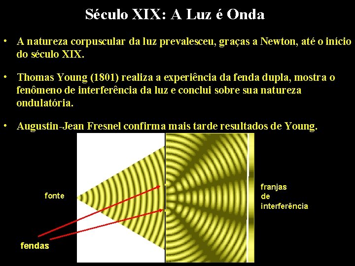 Século XIX: A Luz é Onda • A natureza corpuscular da luz prevalesceu, graças Século XIX: A Luz é Onda • A natureza corpuscular da luz prevalesceu, graças