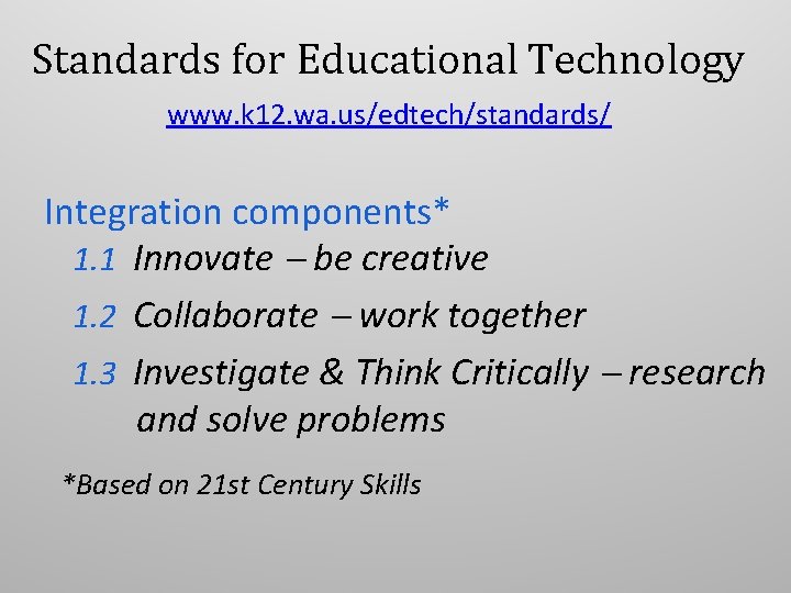 Standards for Educational Technology www. k 12. wa. us/edtech/standards/ Integration components* 1. 1 Innovate