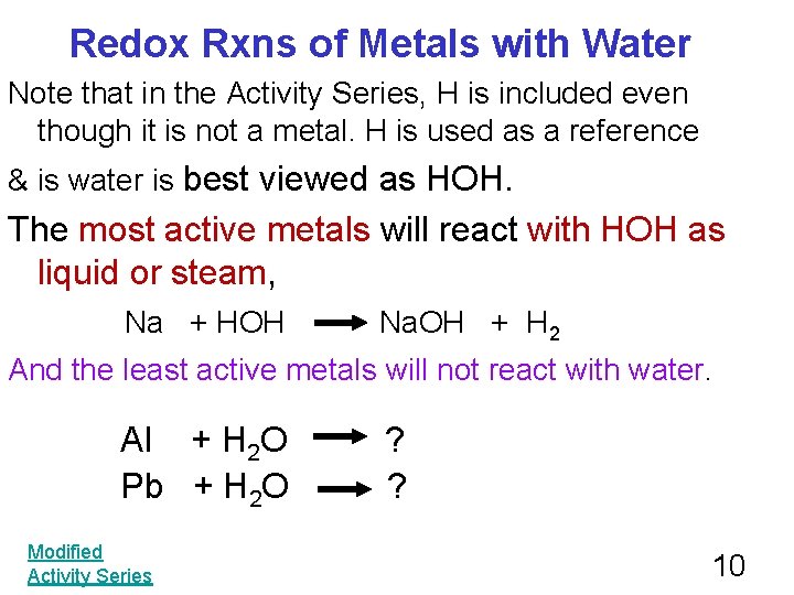 Redox Rxns of Metals with Water Note that in the Activity Series, H is