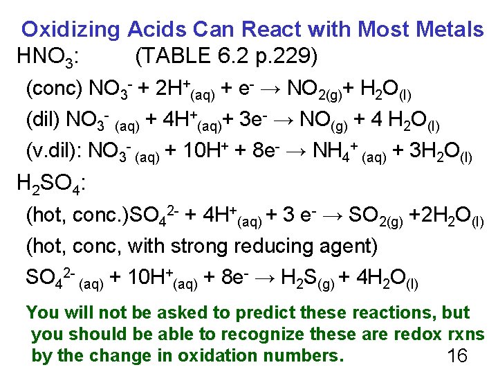 Oxidizing Acids Can React with Most Metals HNO 3: (TABLE 6. 2 p. 229)
