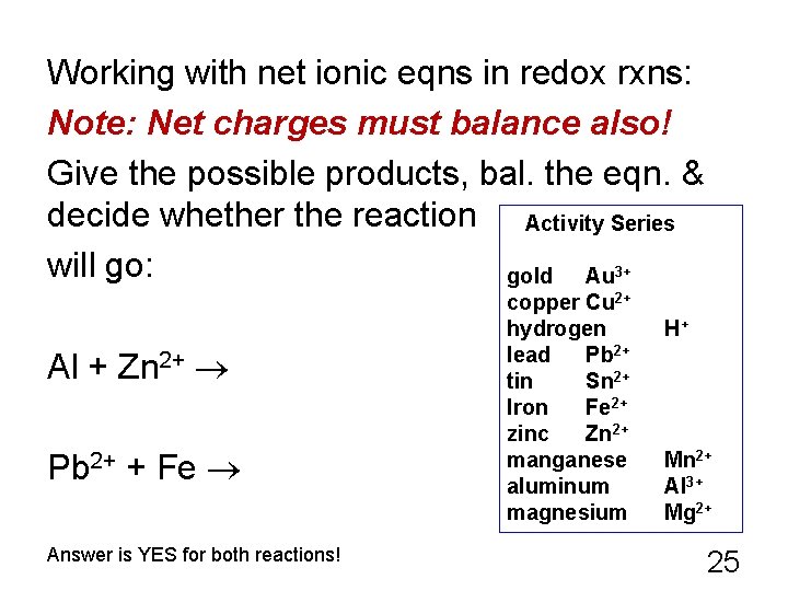 Working with net ionic eqns in redox rxns: Note: Net charges must balance also!