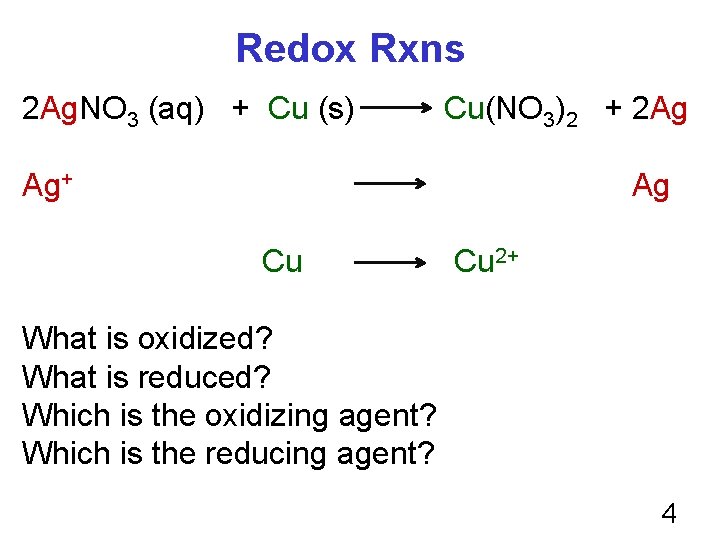 Redox Rxns 2 Ag. NO 3 (aq) + Cu (s) Cu(NO 3)2 + 2