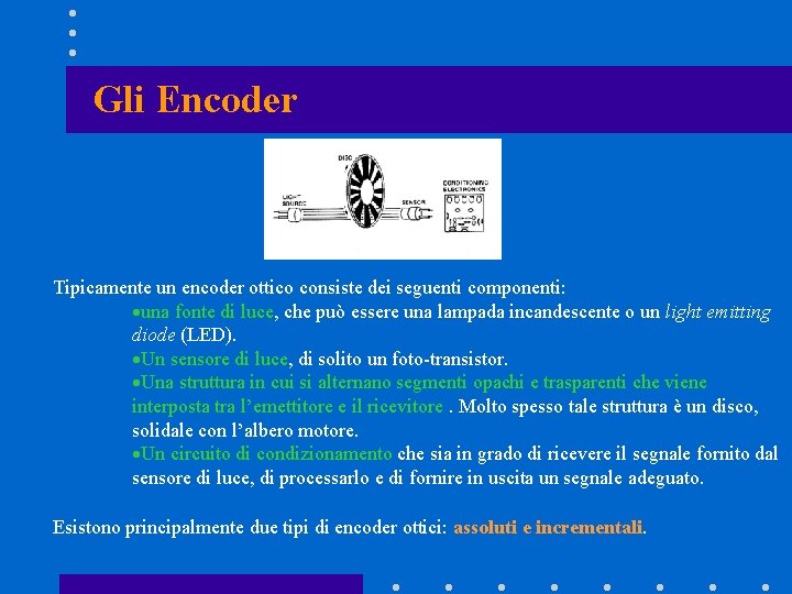 Gli Encoder Tipicamente un encoder ottico consiste dei seguenti componenti: ·una fonte di luce, Gli Encoder Tipicamente un encoder ottico consiste dei seguenti componenti: ·una fonte di luce,