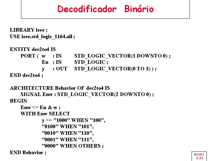 Decodificador Binário LIBRARY ieee ; USE ieee. std_logic_1164. all ; ENTITY dec 2 to