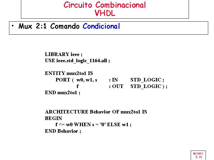 Circuito Combinacional VHDL • Mux 2: 1 Comando Condicional LIBRARY ieee ; USE ieee.