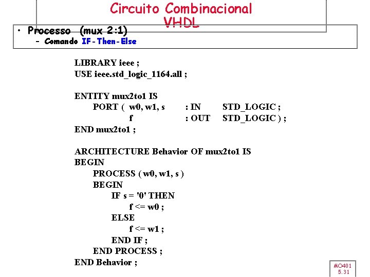 Circuito Combinacional VHDL • Processo (mux 2: 1) – Comando IF-Then-Else LIBRARY ieee ;