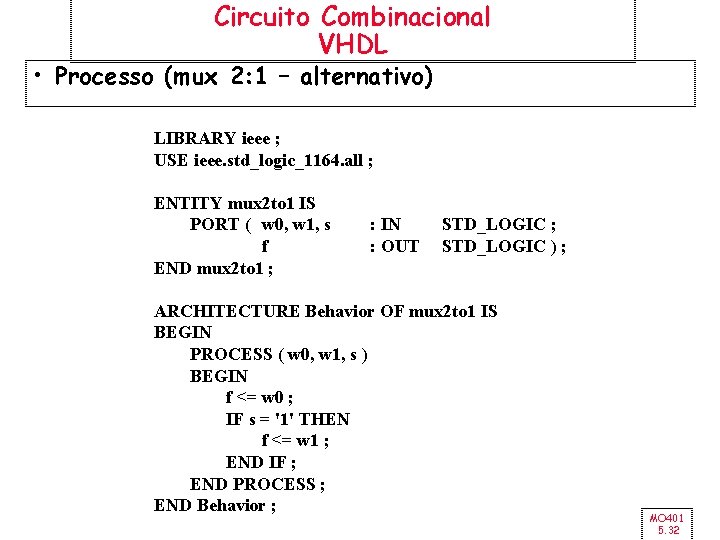 Circuito Combinacional VHDL • Processo (mux 2: 1 – alternativo) LIBRARY ieee ; USE