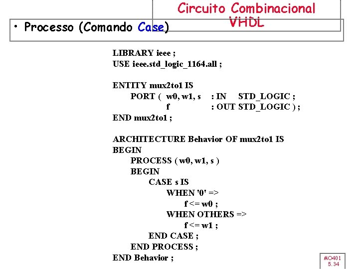 Circuito Combinacional VHDL • Processo (Comando Case) LIBRARY ieee ; USE ieee. std_logic_1164. all