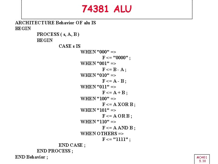 74381 ALU ARCHITECTURE Behavior OF alu IS BEGIN PROCESS ( s, A, B )