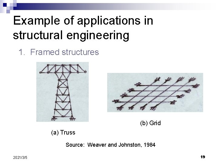 Example of applications in structural engineering 1. Framed structures (b) Grid (a) Truss Source: