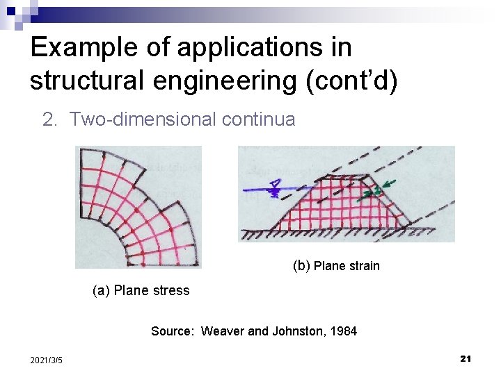 Example of applications in structural engineering (cont’d) 2. Two-dimensional continua (b) Plane strain (a)