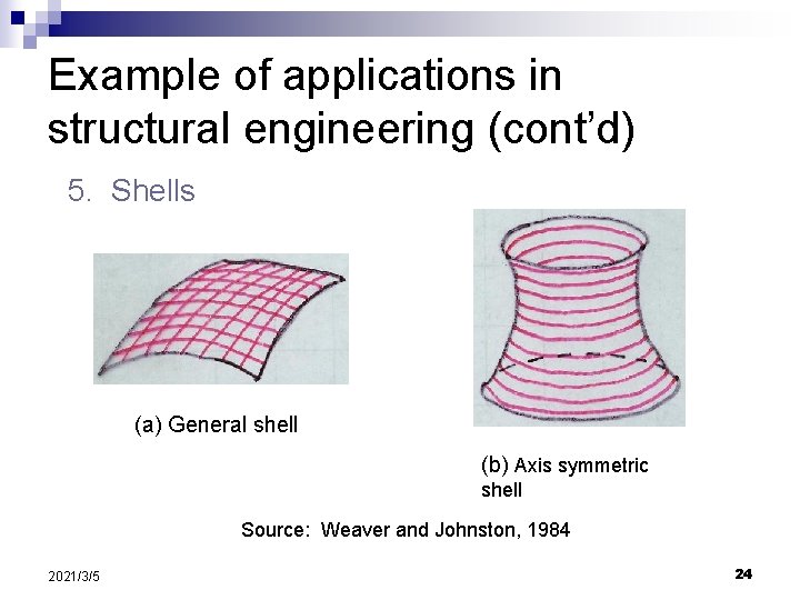 Example of applications in structural engineering (cont’d) 5. Shells (a) General shell (b) Axis