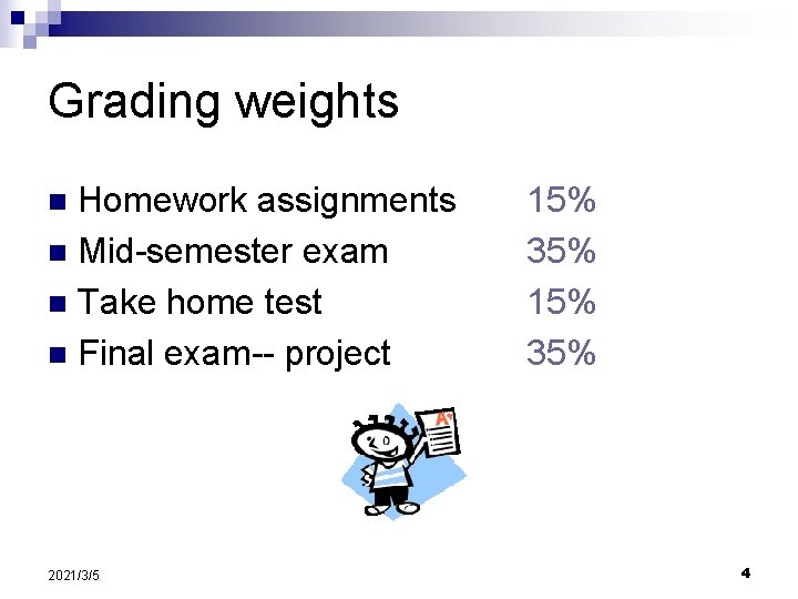Grading weights Homework assignments n Mid-semester exam n Take home test n Final exam--