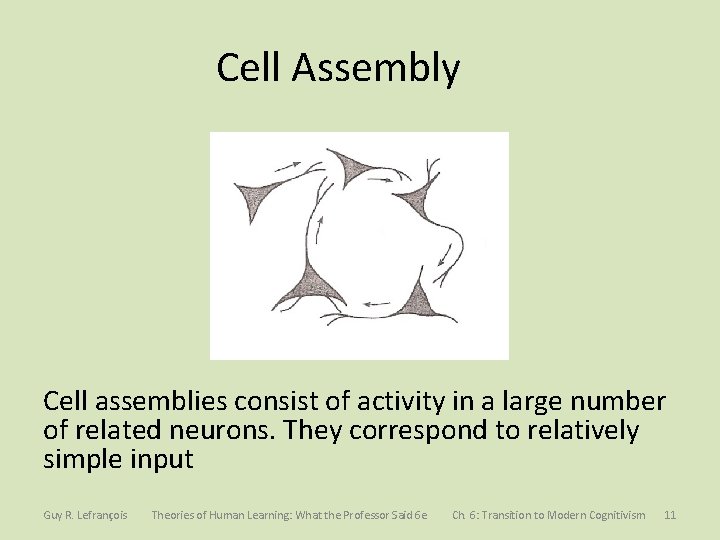 Cell Assembly Cell assemblies consist of activity in a large number of related neurons.