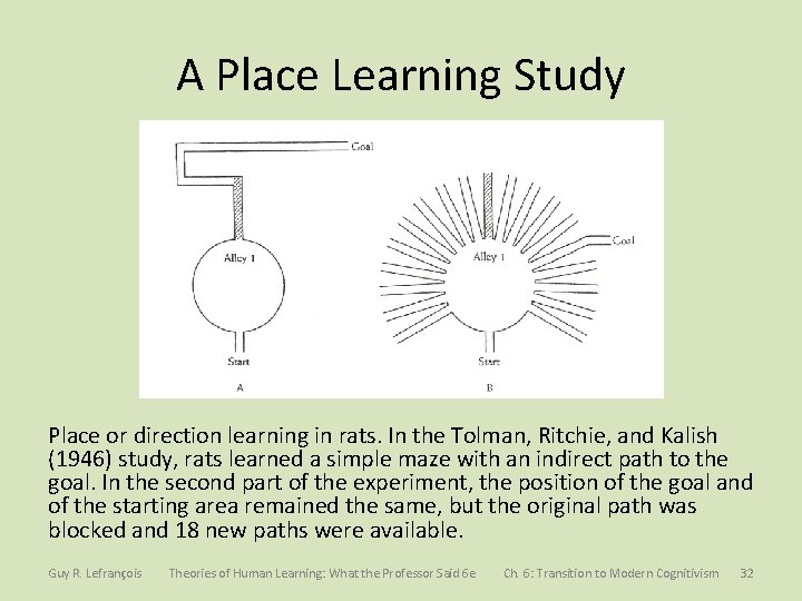 A Place Learning Study Place or direction learning in rats. In the Tolman, Ritchie,