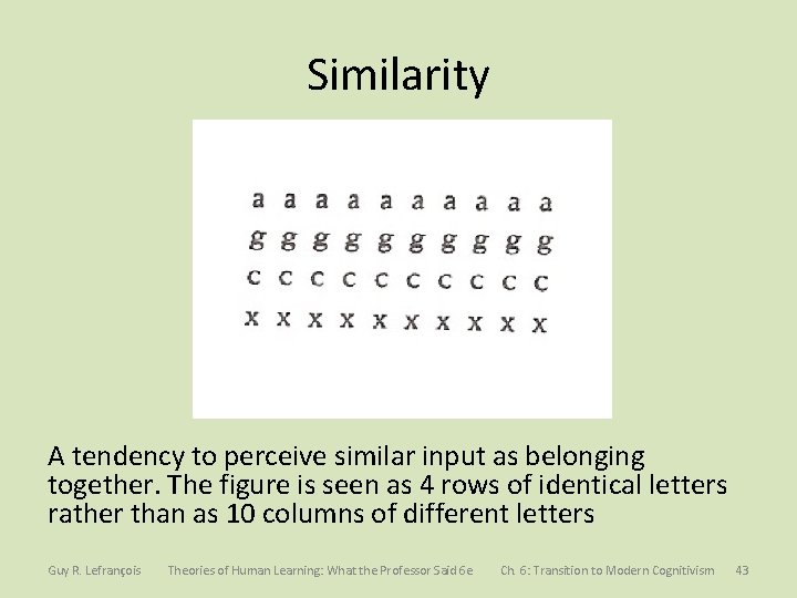 Similarity A tendency to perceive similar input as belonging together. The figure is seen
