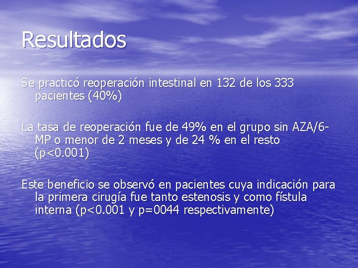 Resultados Se practicó reoperación intestinal en 132 de los 333 pacientes (40%) La tasa