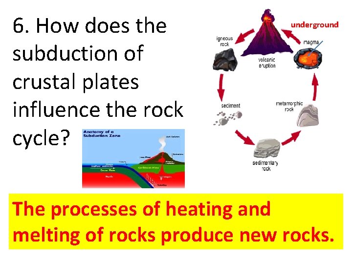 6. How does the subduction of crustal plates influence the rock cycle? underground The