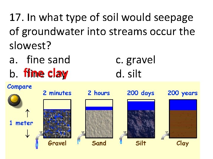 17. In what type of soil would seepage of groundwater into streams occur the