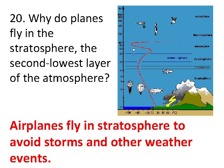 20. Why do planes fly in the stratosphere, the second-lowest layer of the atmosphere?