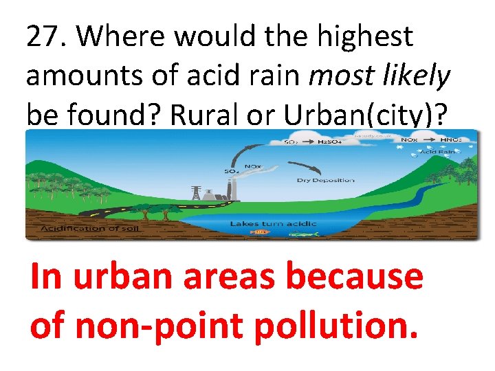 27. Where would the highest amounts of acid rain most likely be found? Rural