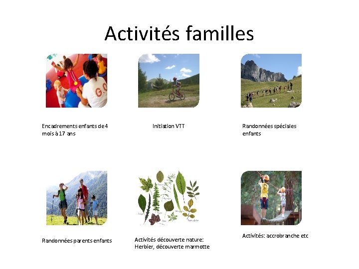 Activités familles Encadrements enfants de 4 mois à 17 ans Randonnées parents enfants Initiation