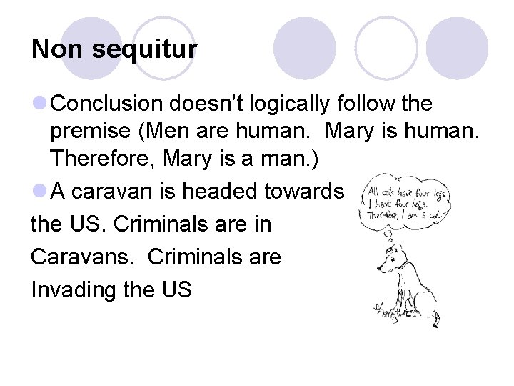 Non sequitur l Conclusion doesn’t logically follow the premise (Men are human. Mary is