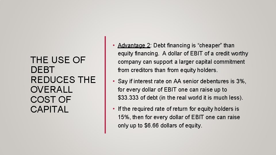THE USE OF DEBT REDUCES THE OVERALL COST OF CAPITAL • Advantage 2: Debt THE USE OF DEBT REDUCES THE OVERALL COST OF CAPITAL • Advantage 2: Debt
