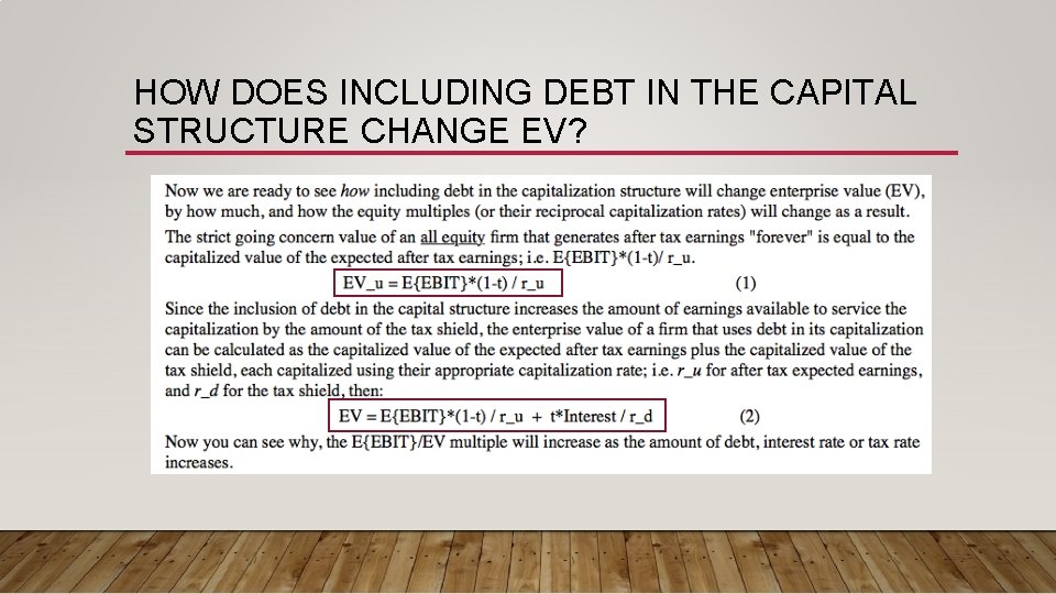 HOW DOES INCLUDING DEBT IN THE CAPITAL STRUCTURE CHANGE EV? HOW DOES INCLUDING DEBT IN THE CAPITAL STRUCTURE CHANGE EV?