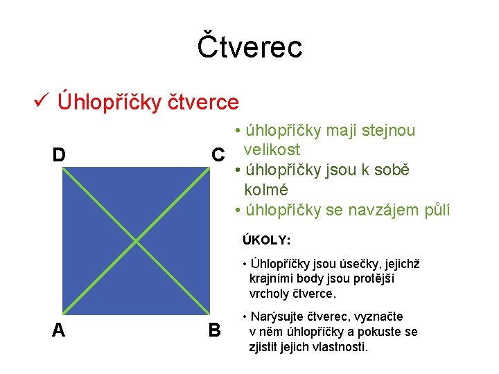 Čtverec ü Úhlopříčky čtverce D • úhlopříčky mají stejnou C velikost • úhlopříčky jsou