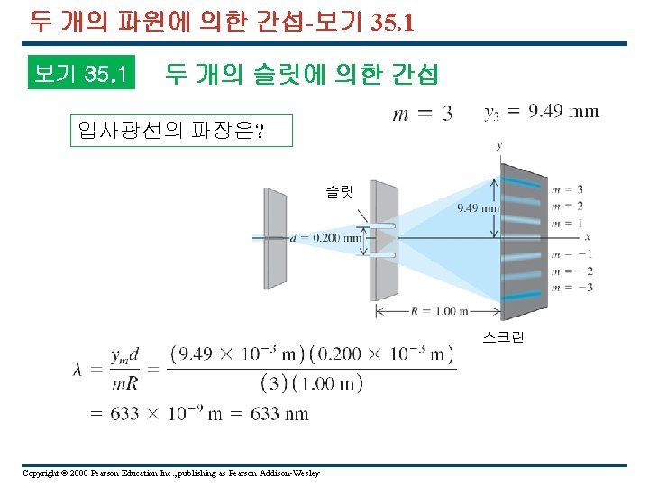 두 개의 파원에 의한 간섭-보기 35. 1 두 개의 슬릿에 의한 간섭 입사광선의 파장은?