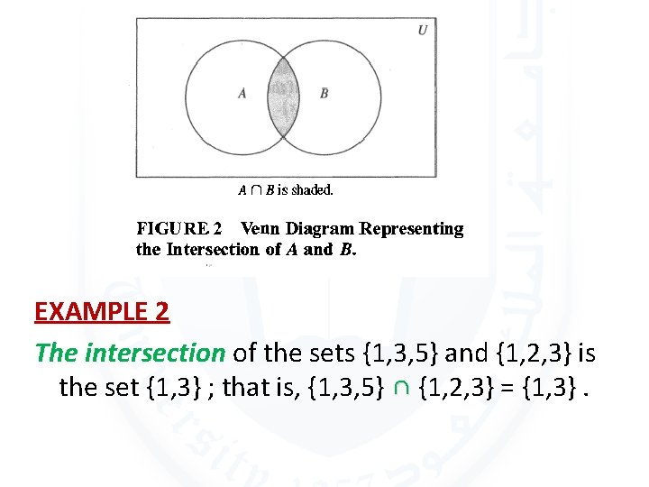 EXAMPLE 2 The intersection of the sets {1, 3, 5} and {1, 2, 3}