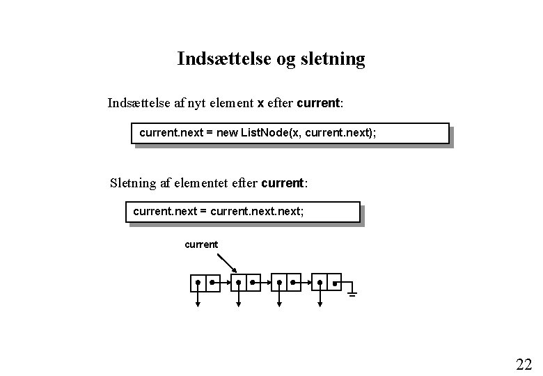 Indsættelse og sletning Indsættelse af nyt element x efter current: current. next = new