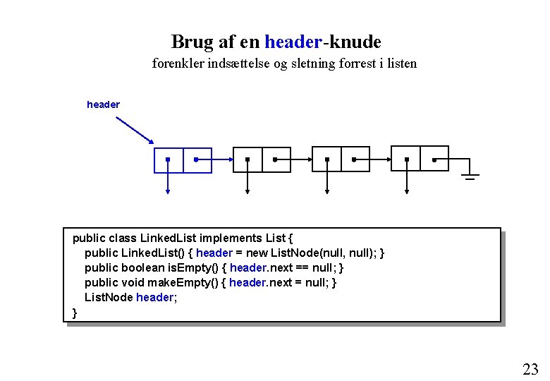 Brug af en header-knude forenkler indsættelse og sletning forrest i listen header • public