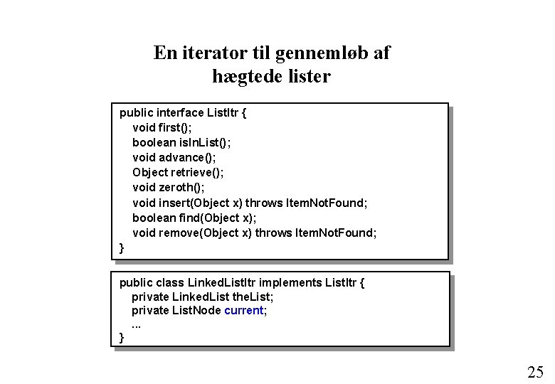 En iterator til gennemløb af hægtede lister public interface List. Itr { void first();