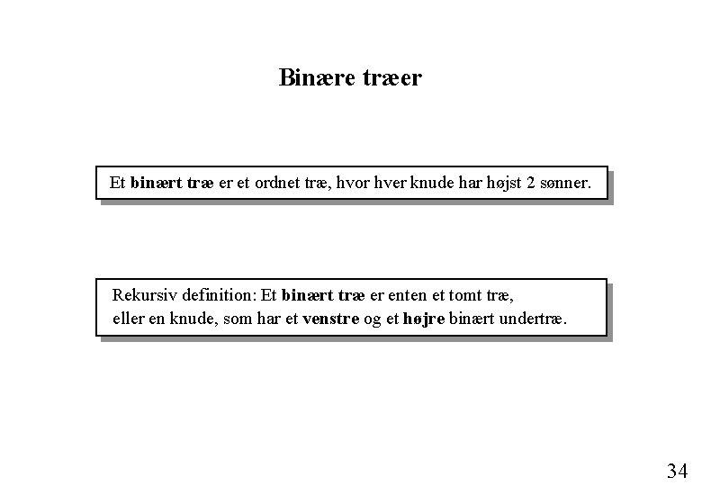 Binære træer Et binært træ er et ordnet træ, hvor hver knude har højst