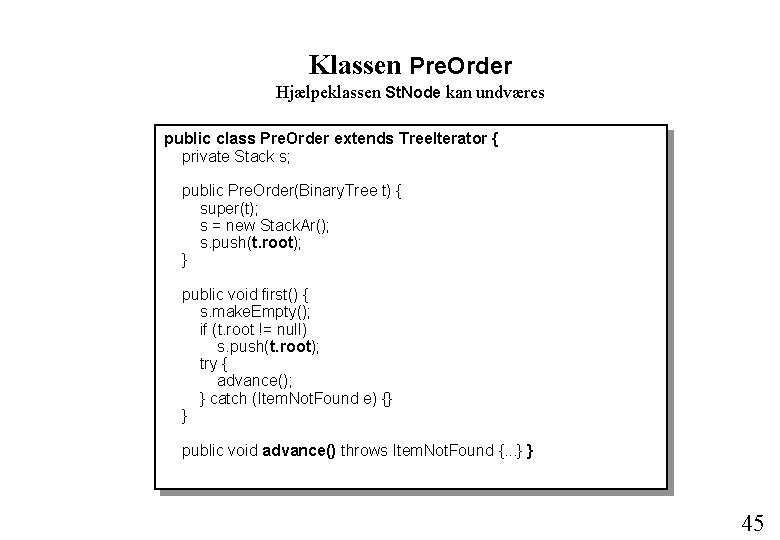 Klassen Pre. Order Hjælpeklassen St. Node kan undværes public class Pre. Order extends Tree.