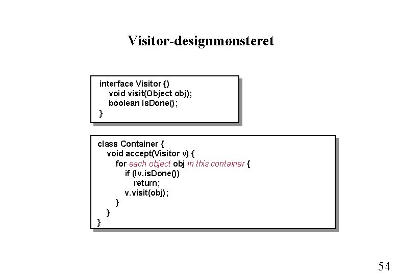 Visitor-designmønsteret interface Visitor {) void visit(Object obj); boolean is. Done(); } class Container {