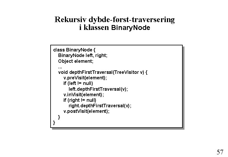 Rekursiv dybde-først-traversering i klassen Binary. Node class Binary. Node { Binary. Node left, right;