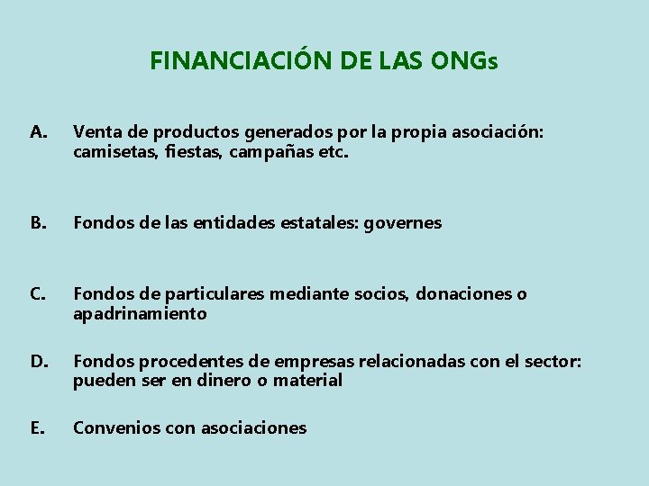 FINANCIACIÓN DE LAS ONGs A. Venta de productos generados por la propia asociación: camisetas,