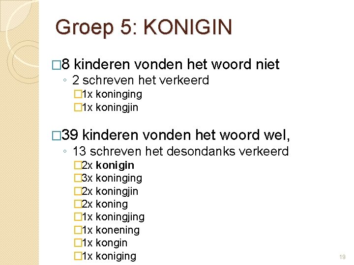 Groep 5: KONIGIN � 8 kinderen vonden het woord niet ◦ 2 schreven het