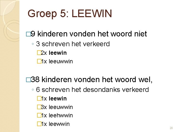 Groep 5: LEEWIN � 9 kinderen vonden het woord niet ◦ 3 schreven het